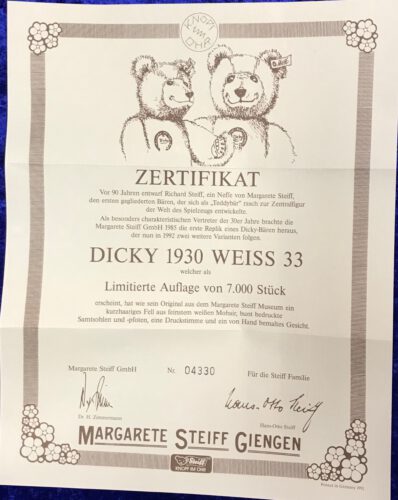 Steiff 407574 Zertifikat