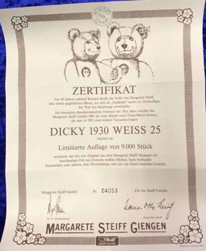 Steiff 407550 Zertifikat