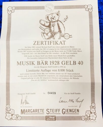 Steiff 407482 Zertifikat