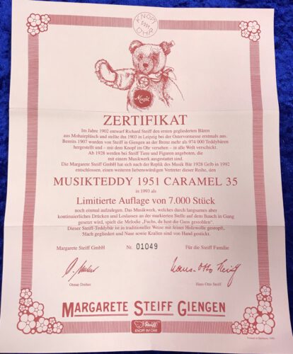 Steiff 408458 Zertifikat 1049